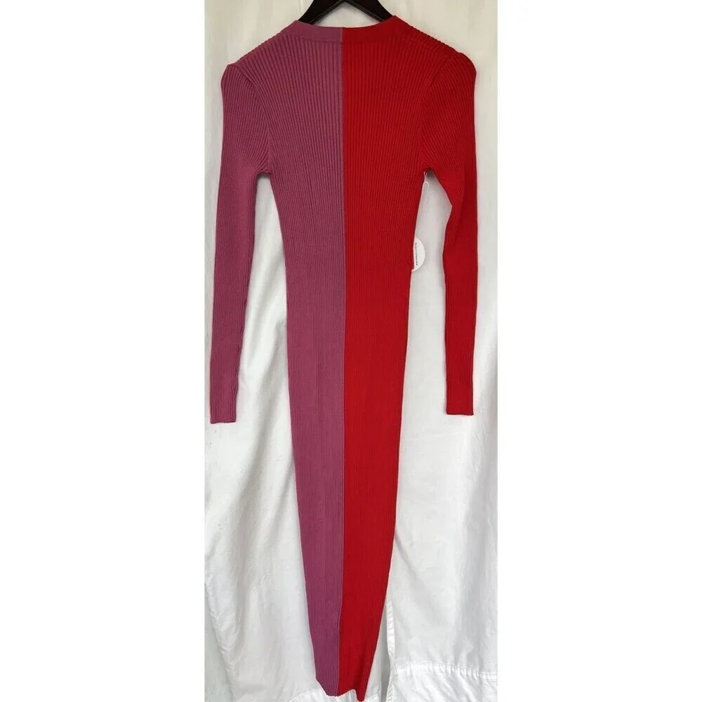 STAUD Shoko Colorblock Lurex Ribbed Long Sleeve Sweater Dress Medium Lava Peony - Picture 7 of 10